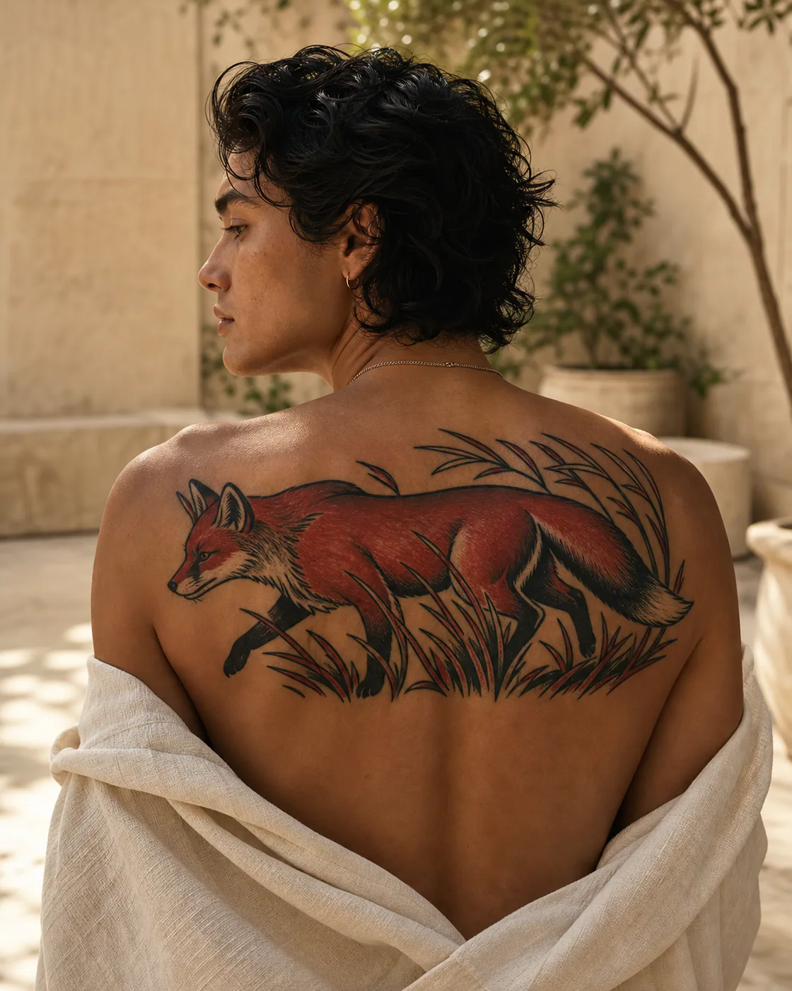 American Traditional tattoo of a red fox moving through windswept grass executed as a healed cover-up on the upper back
