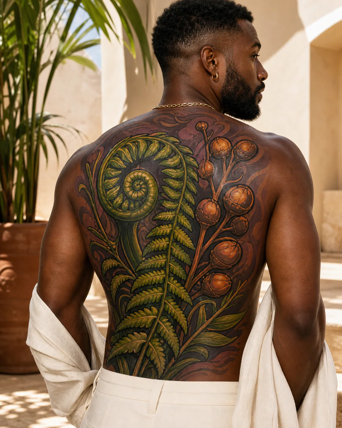 New School tattoo of a fern frond unfurling beside clustered seed pods on the full back