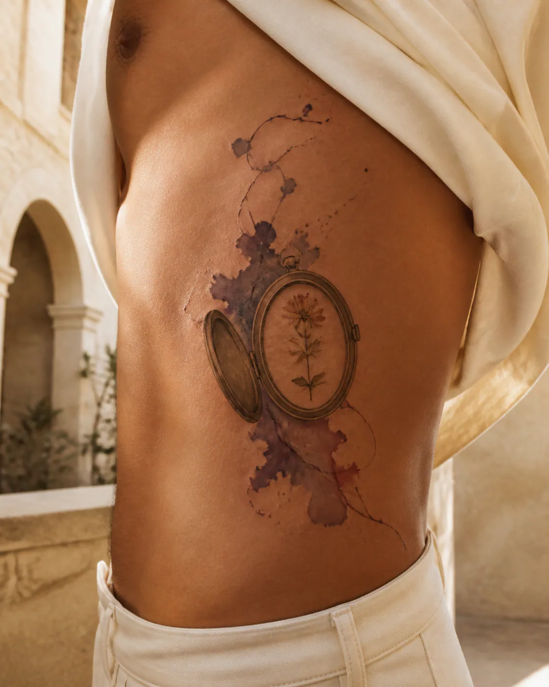 Watercolor tattoo of an empty locket holding one pressed wildflower on the side ribs