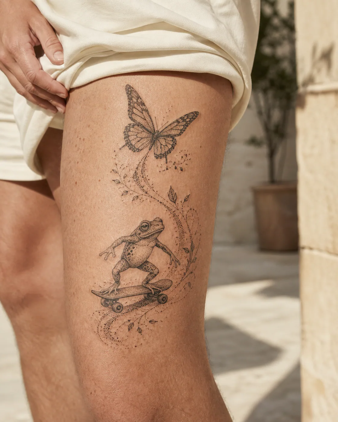 Dotwork tattoo of a tiny frog confidently riding a skateboard with an integrated butterfly on the outer thigh