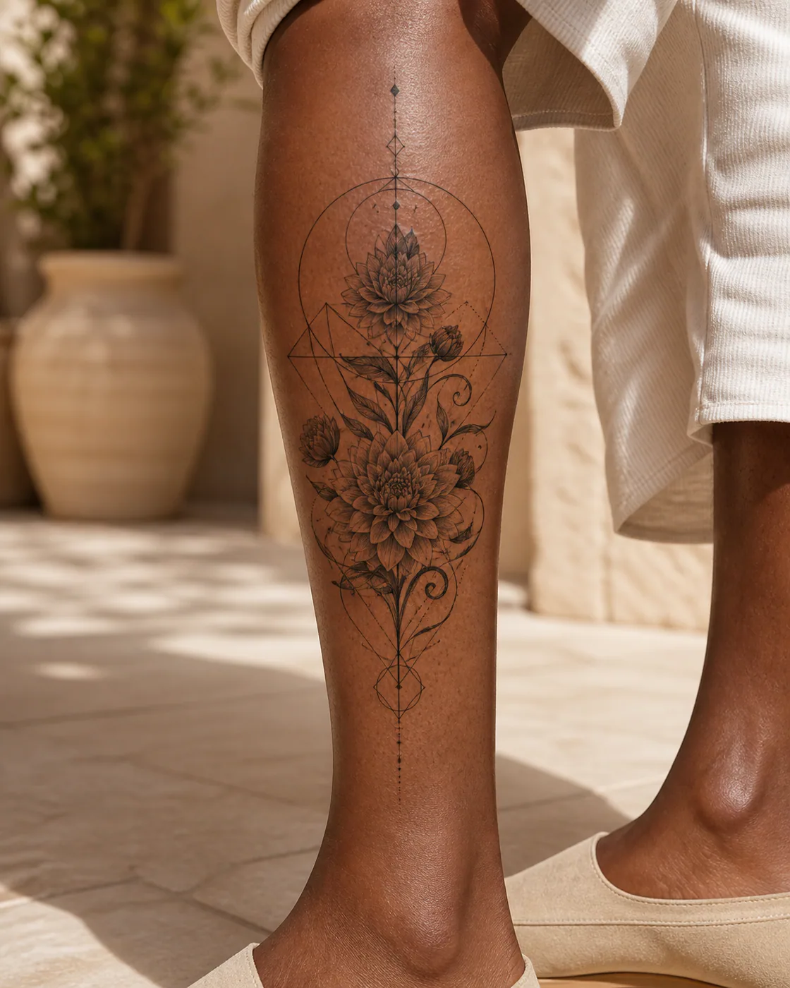 Geometric tattoo of a sculptural dahlia cluster with curling stems on the calf
