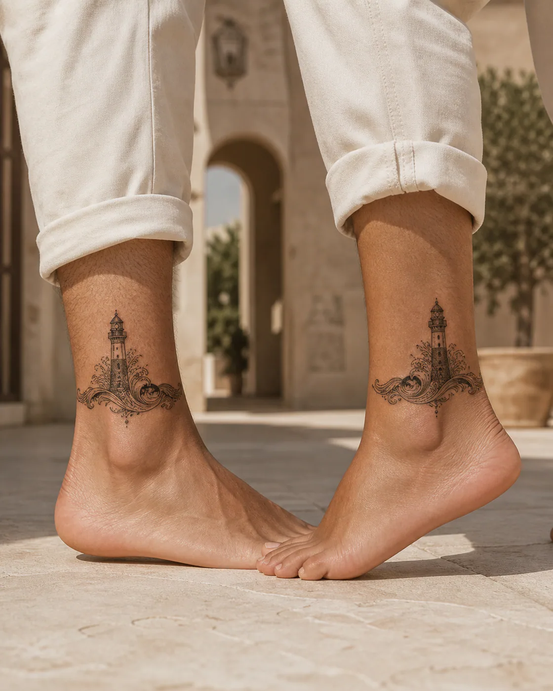Ornamental tattoo of a weathered lighthouse dividing two rolling waves as a complementary couple tattoo pair on the ankle