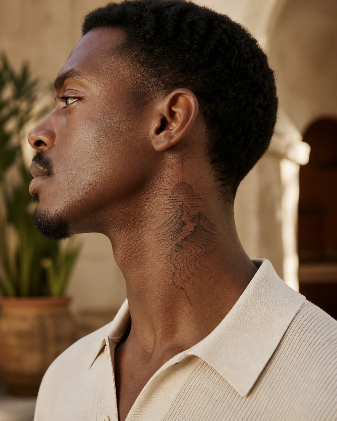 Illustrative tattoo of topographic mountain contours opening toward a horizon on the side of neck