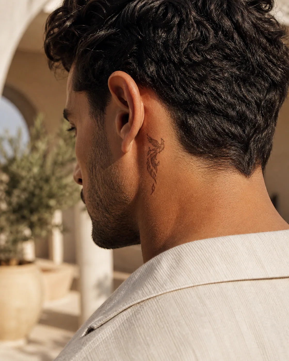 Surrealism tattoo of a phoenix lifting from layered ribbons of flame with a three-part family motif on the behind the ear