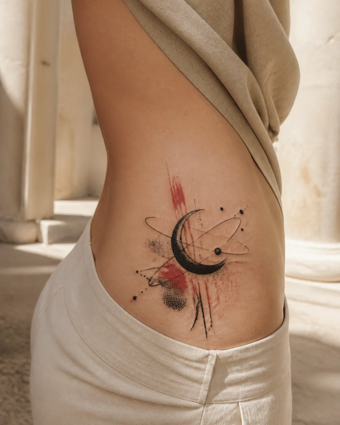 Trash Polka tattoo of a slim crescent crossed by two quiet orbital paths on the hip