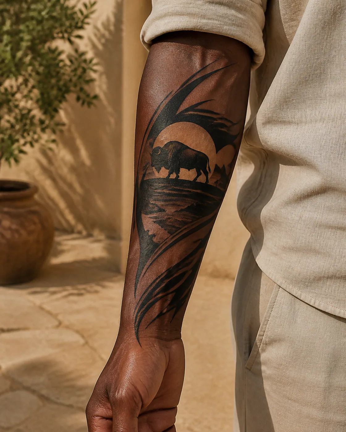 Tribal tattoo of a bison silhouette crossing a low desert sun executed as a healed cover-up on the forearm