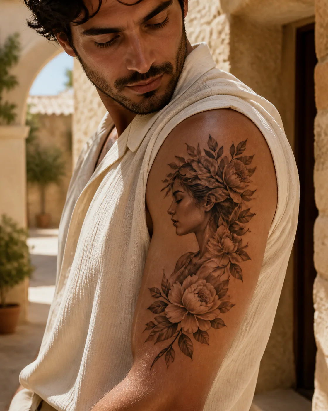 Floral tattoo of an anonymous woman in profile crowned by windblown leaves on the upper arm