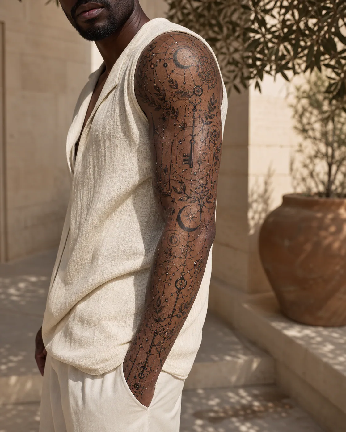 Cybersigilism tattoo of a constellation of tiny keys, sparks, leaves, and moons on the full sleeve