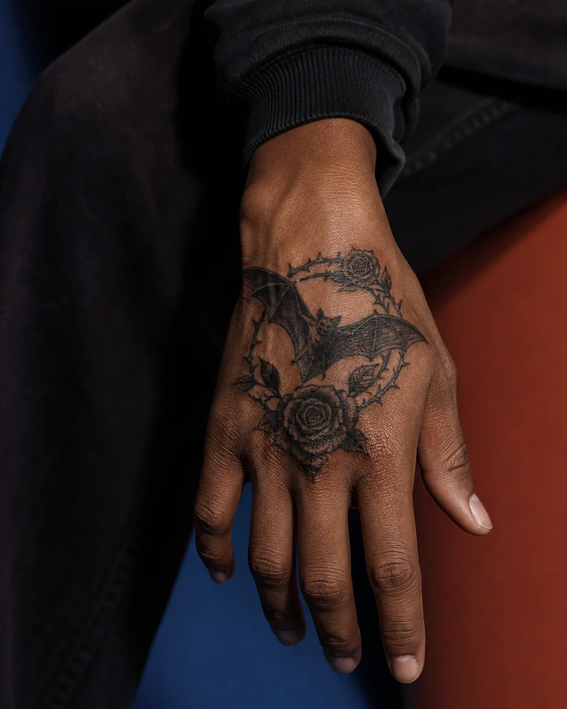 Realism tattoo of a small bat circling through thorned roses on the back of hand