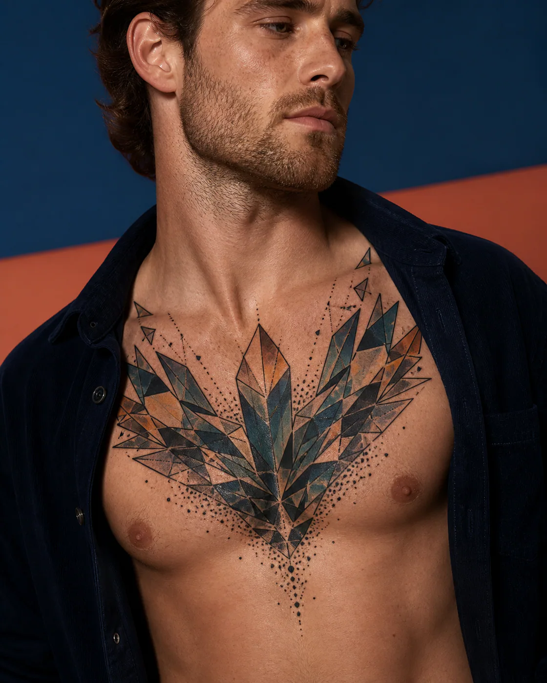Neo-Traditional tattoo of tessellated crystal planes dissolving into dots on the chest