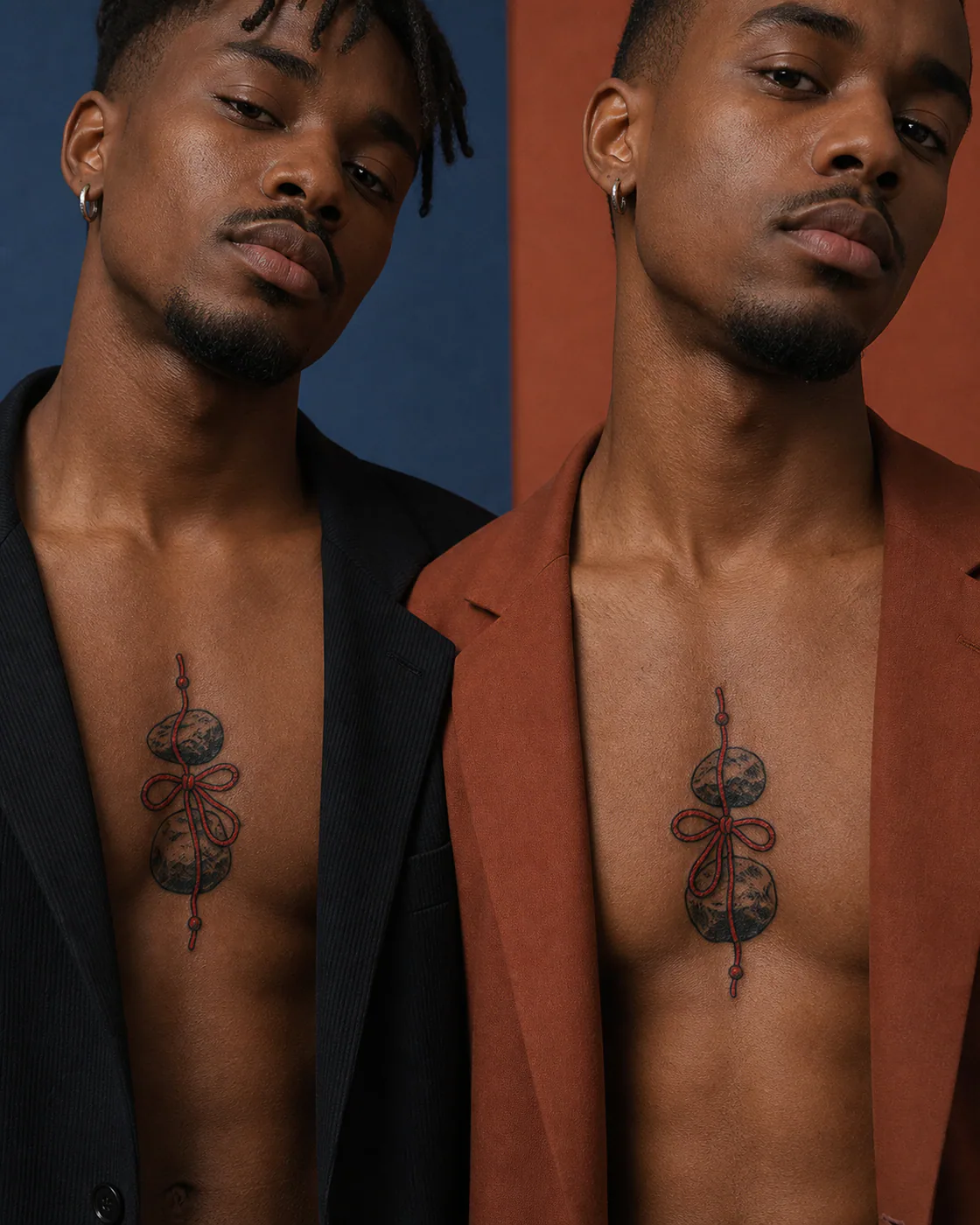 American Traditional tattoo of two balanced stones joined by a single red thread as a complementary couple tattoo pair on the sternum