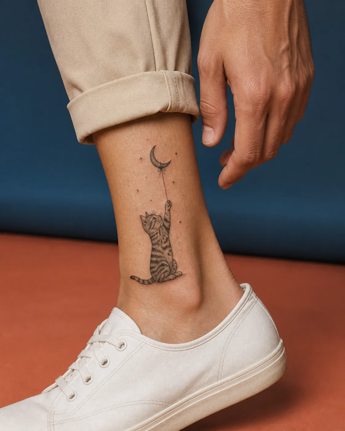 Illustrative tattoo of a curious cat trying to catch a dangling moon on the ankle