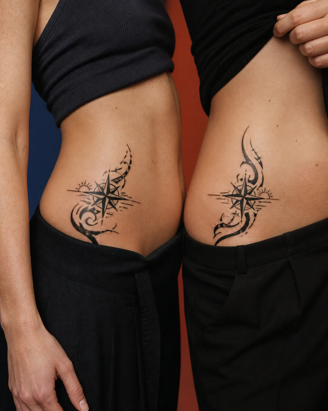 Tribal tattoo of a compass rose crossed by a distant ocean line as a complementary couple tattoo pair on the hip
