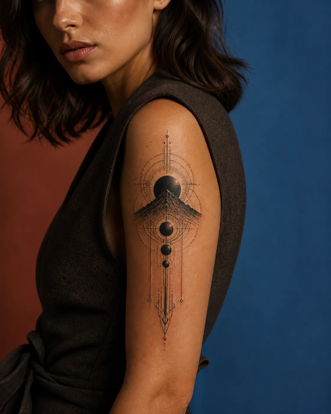 Cybersigilism tattoo of a solar eclipse settling behind a mountain ridge with a three-part family motif on the upper arm