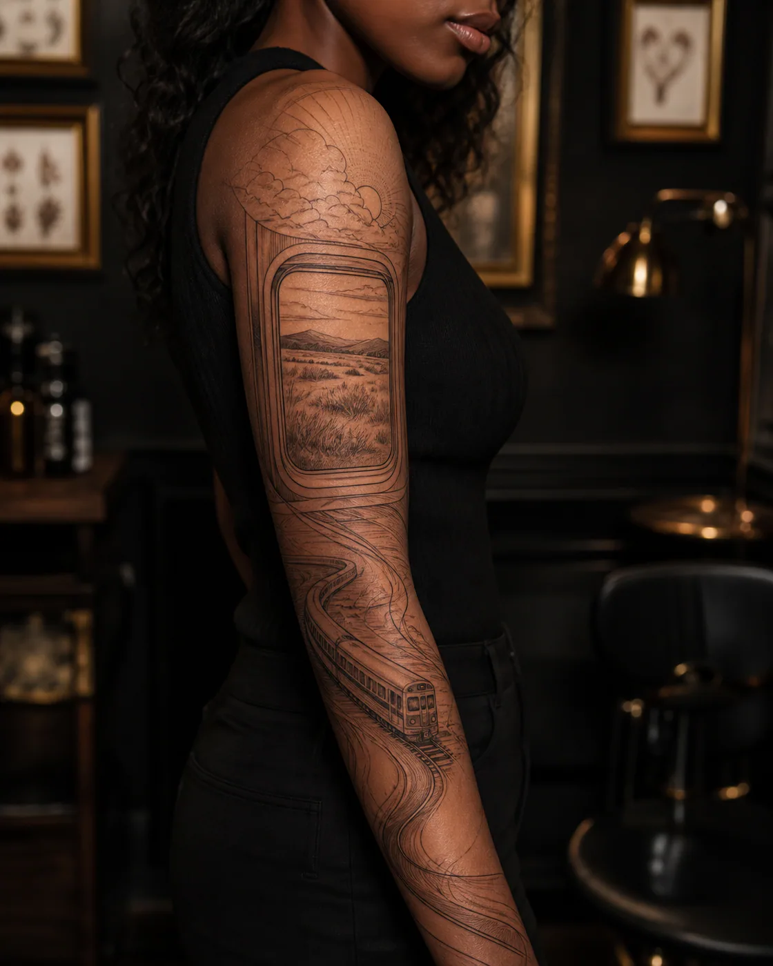 Fine Line tattoo of a train window framing fields in quiet motion on the full sleeve