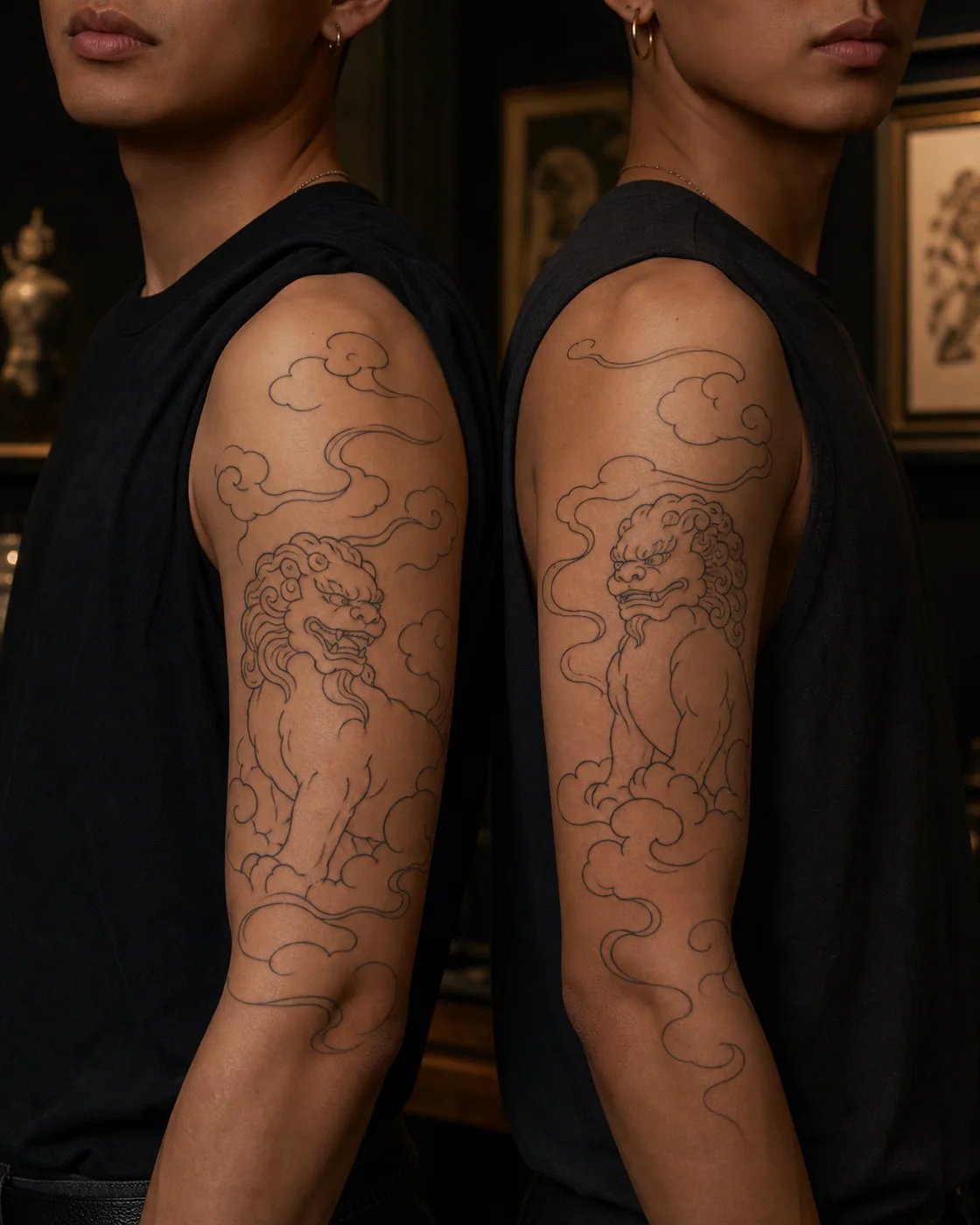 Minimalist tattoo of a guardian lion crowned by drifting clouds as a complementary couple tattoo pair on the half sleeve