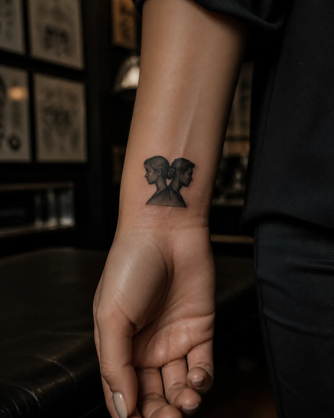 Realism tattoo of two anonymous profiles sharing one continuous shadow on the wrist