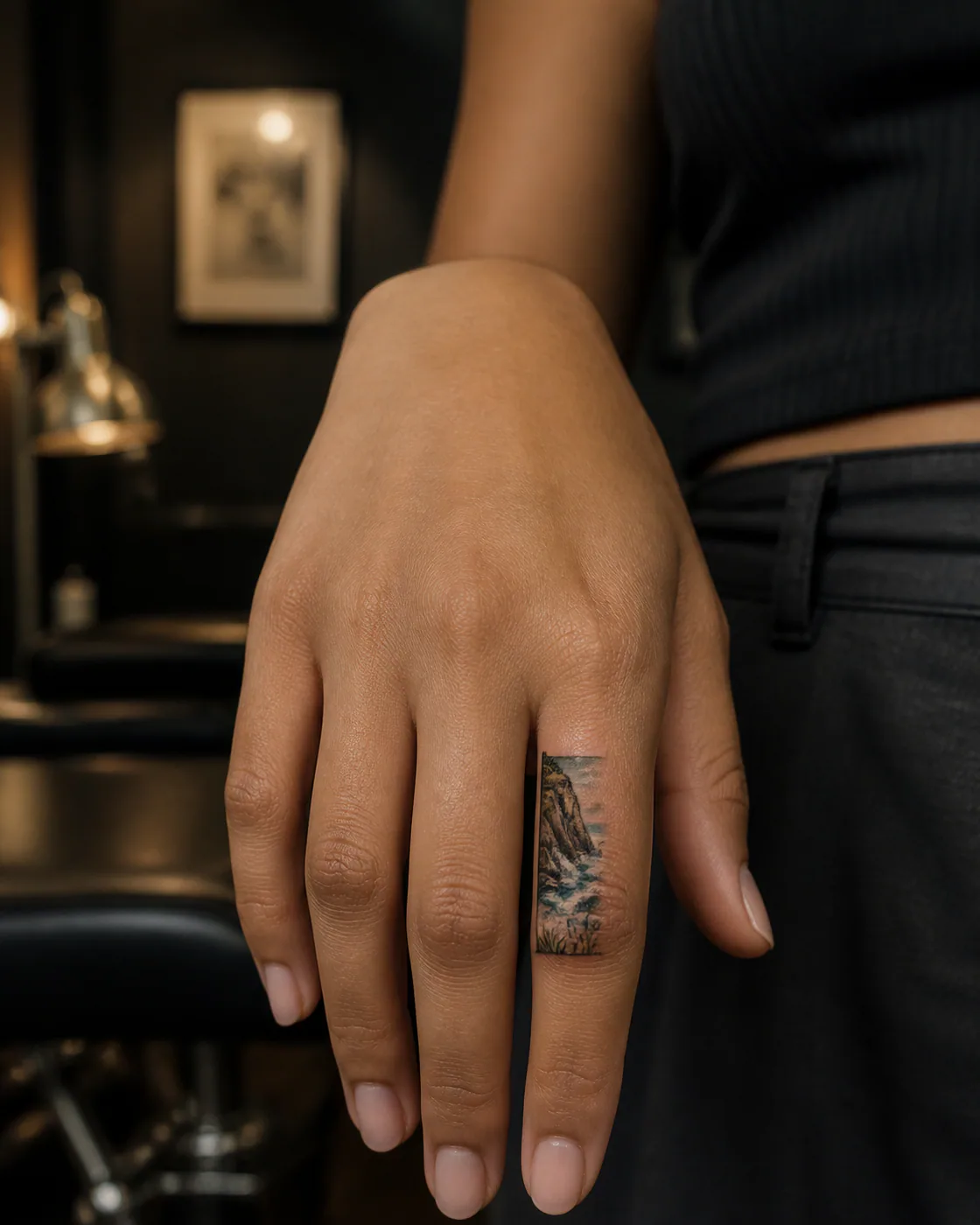 Neo-Traditional tattoo of an ocean cliff cut by foam and nesting grasses on the finger
