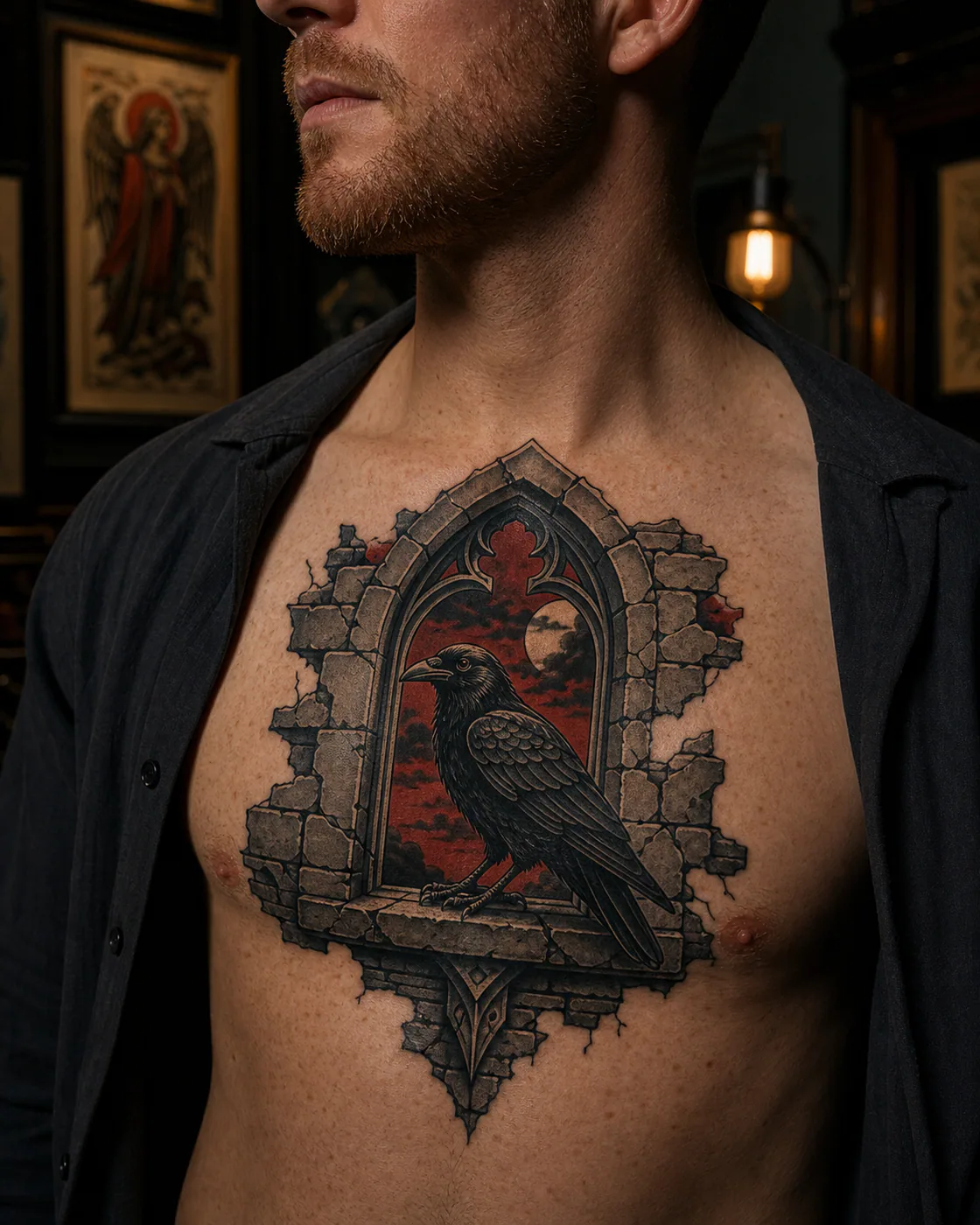 American Traditional tattoo of a raven perched inside a crumbling stone window on the chest