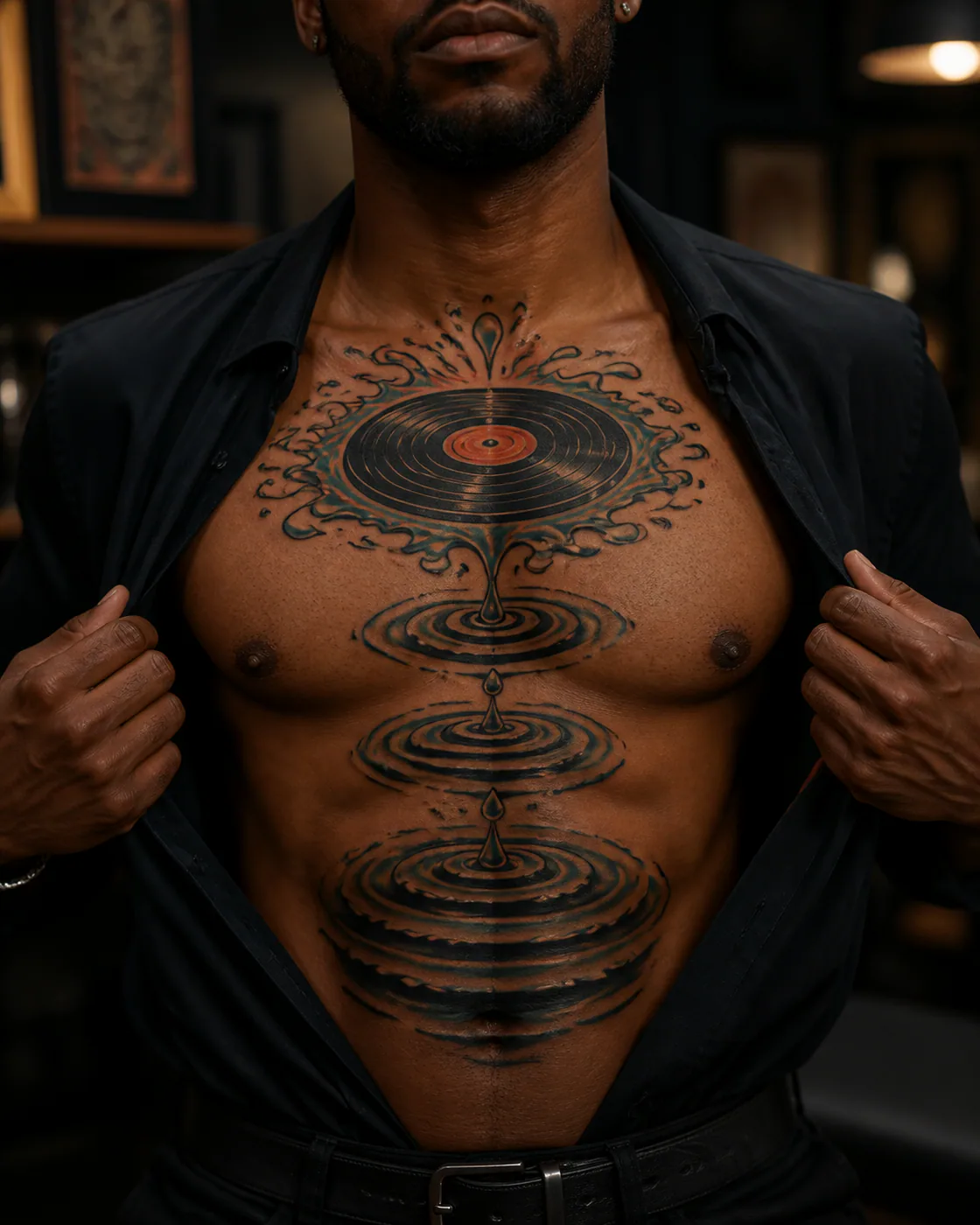 New School tattoo of vinyl grooves expanding into concentric water ripples on the sternum