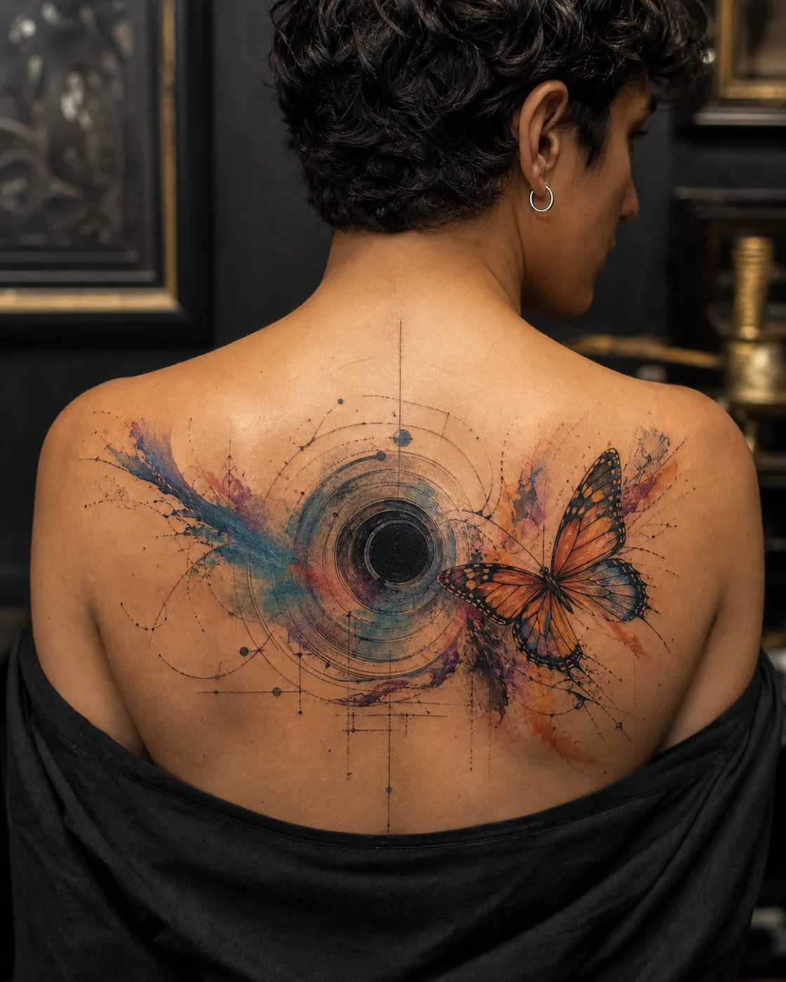 Watercolor tattoo of concentric portals bending around a dark center with an integrated butterfly on the upper back