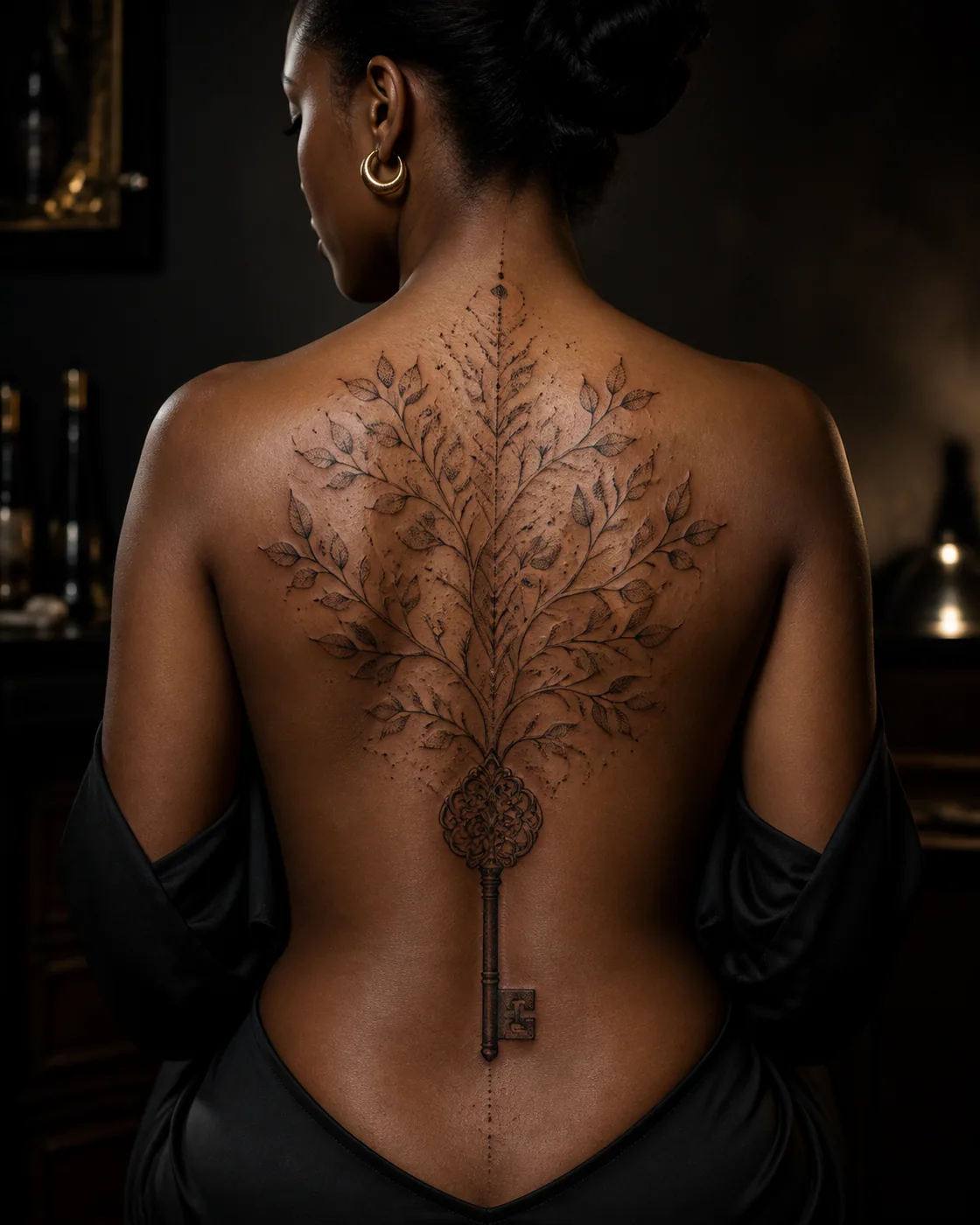 Dotwork tattoo of an antique key transforming into a growing branch on the full back