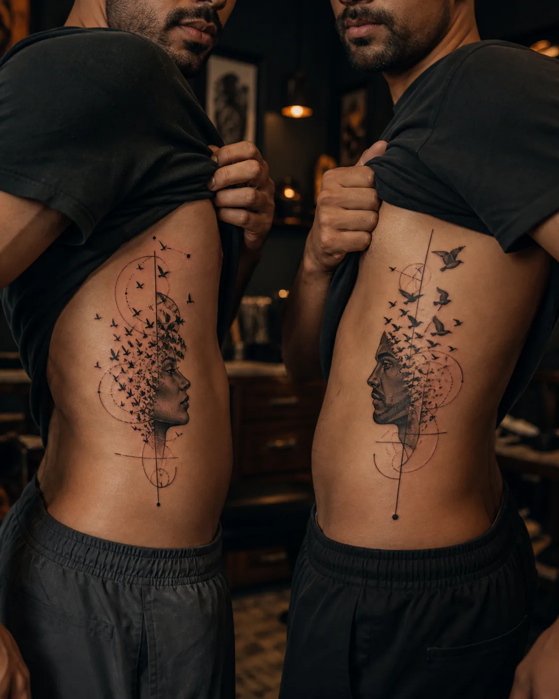 Geometric tattoo of an anonymous profile dissolving into migrating birds as a complementary couple tattoo pair on the side ribs