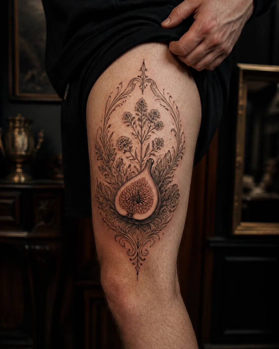 Ornamental tattoo of an opened fig paired with tiny flowering herbs on the outer thigh