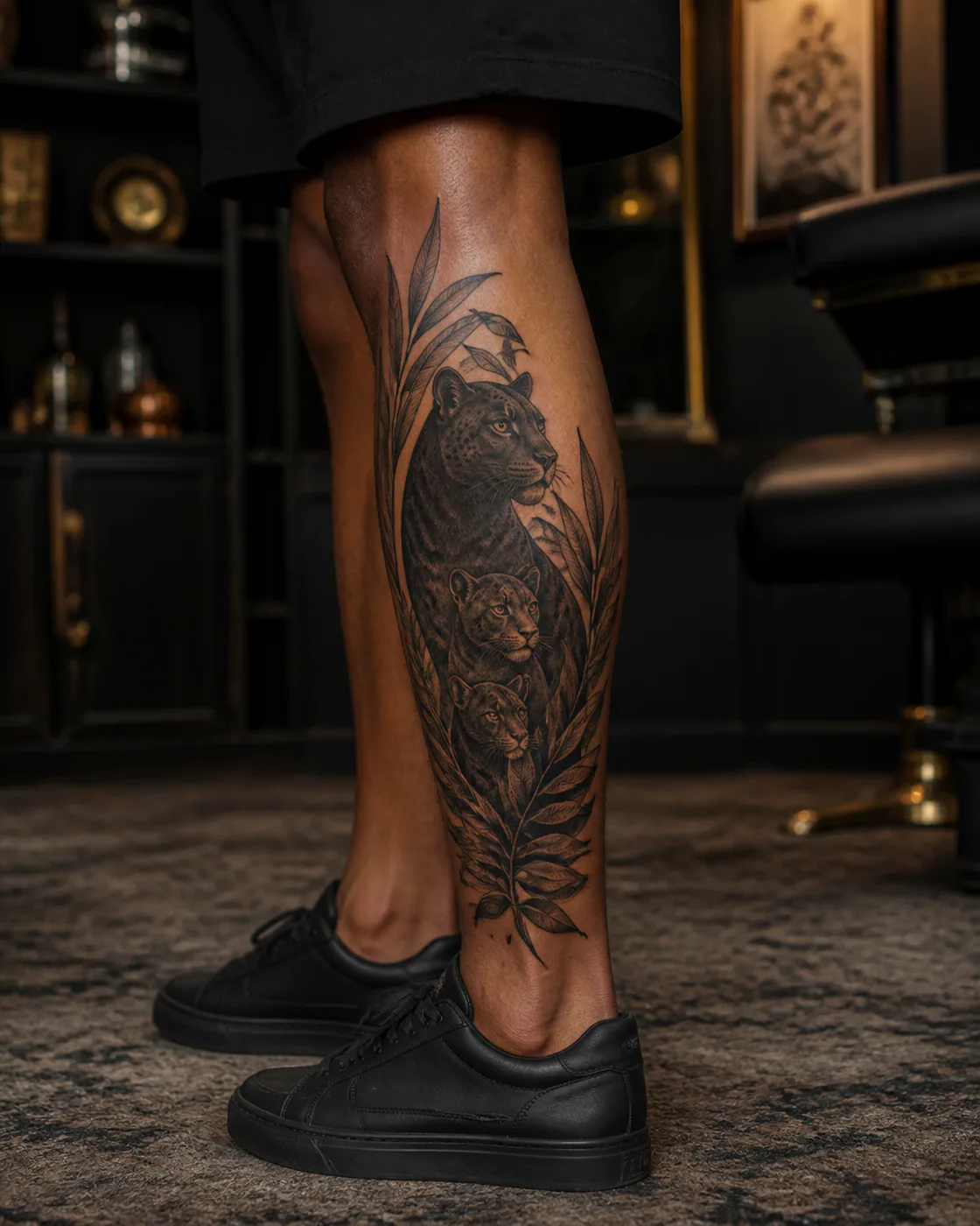 Illustrative tattoo of a poised black panther framed by broad leaves with a three-part family motif on the calf