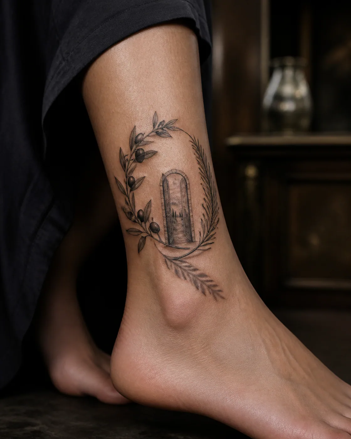 Surrealism tattoo of rosemary and olive branches woven into a loose arc on the ankle
