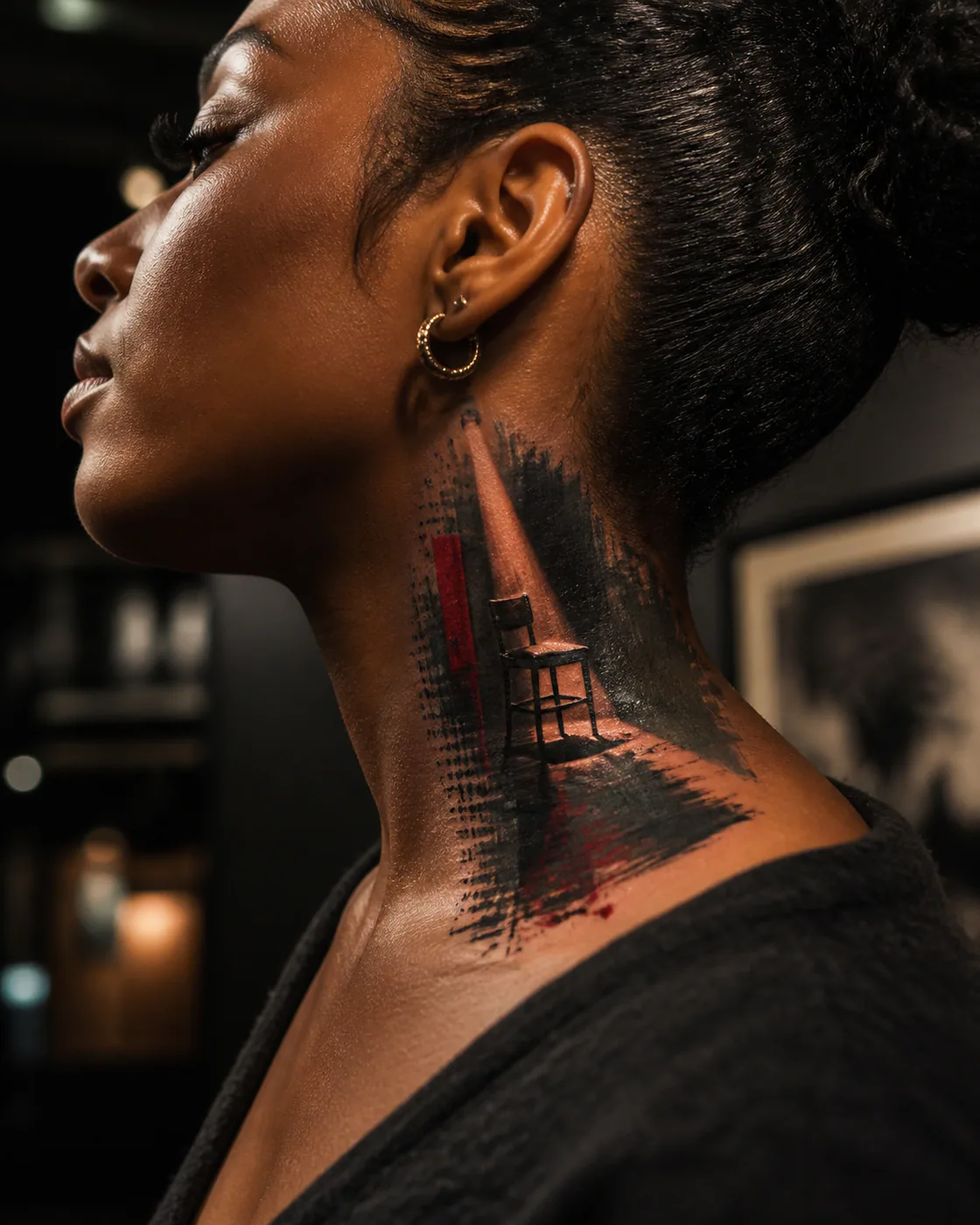 Trash Polka tattoo of an empty chair crossed by a narrow sunbeam executed as a healed cover-up on the side of neck