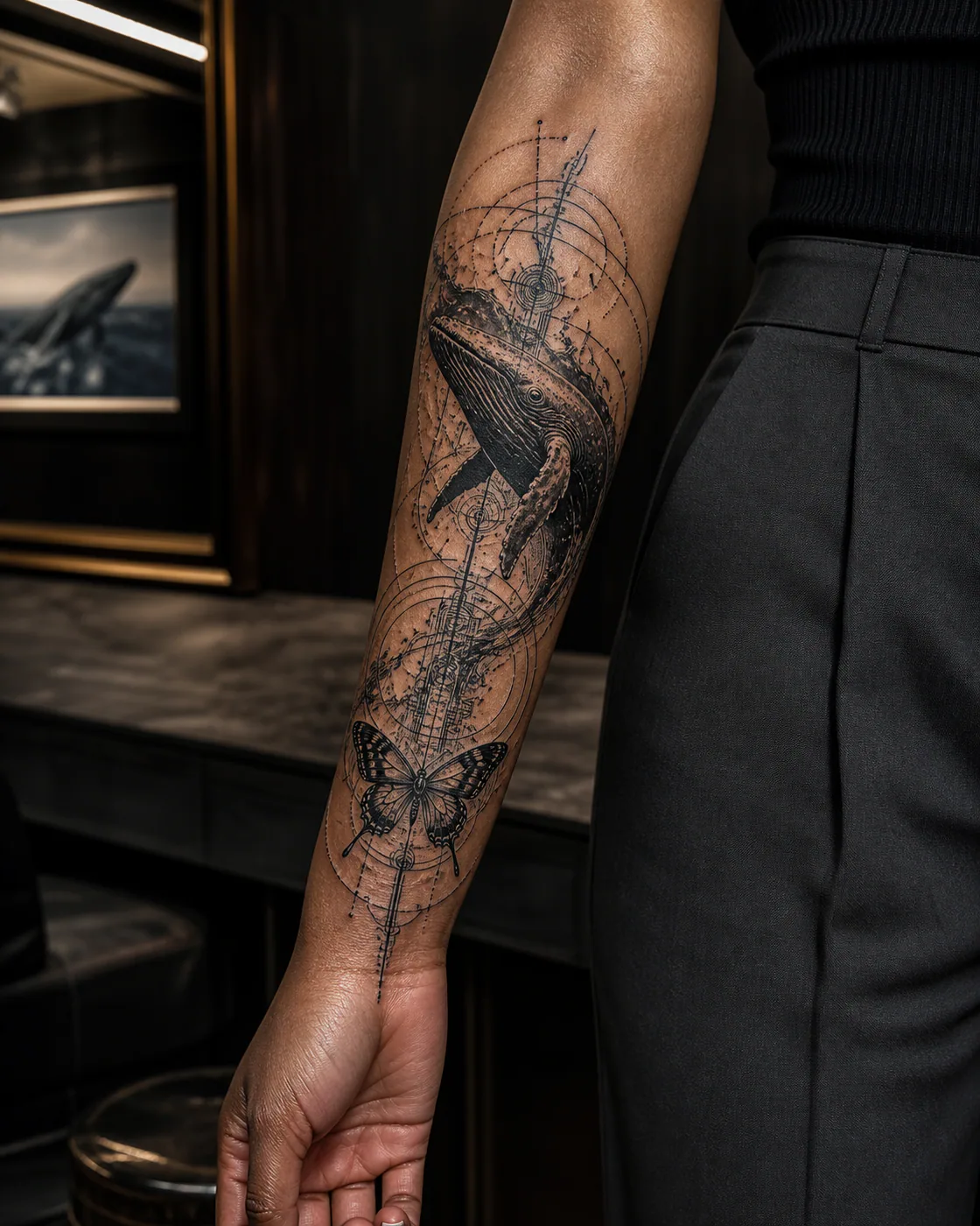 Cybersigilism tattoo of a humpback whale passing through mapped sea currents with an integrated butterfly on the forearm