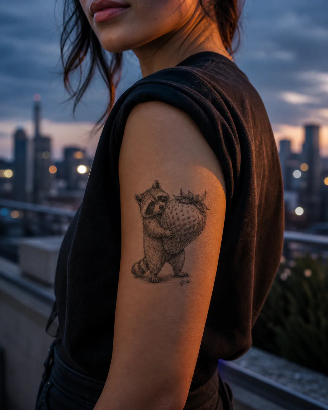 Fine Line tattoo of a raccoon carrying one improbably large strawberry executed as a healed cover-up on the upper arm