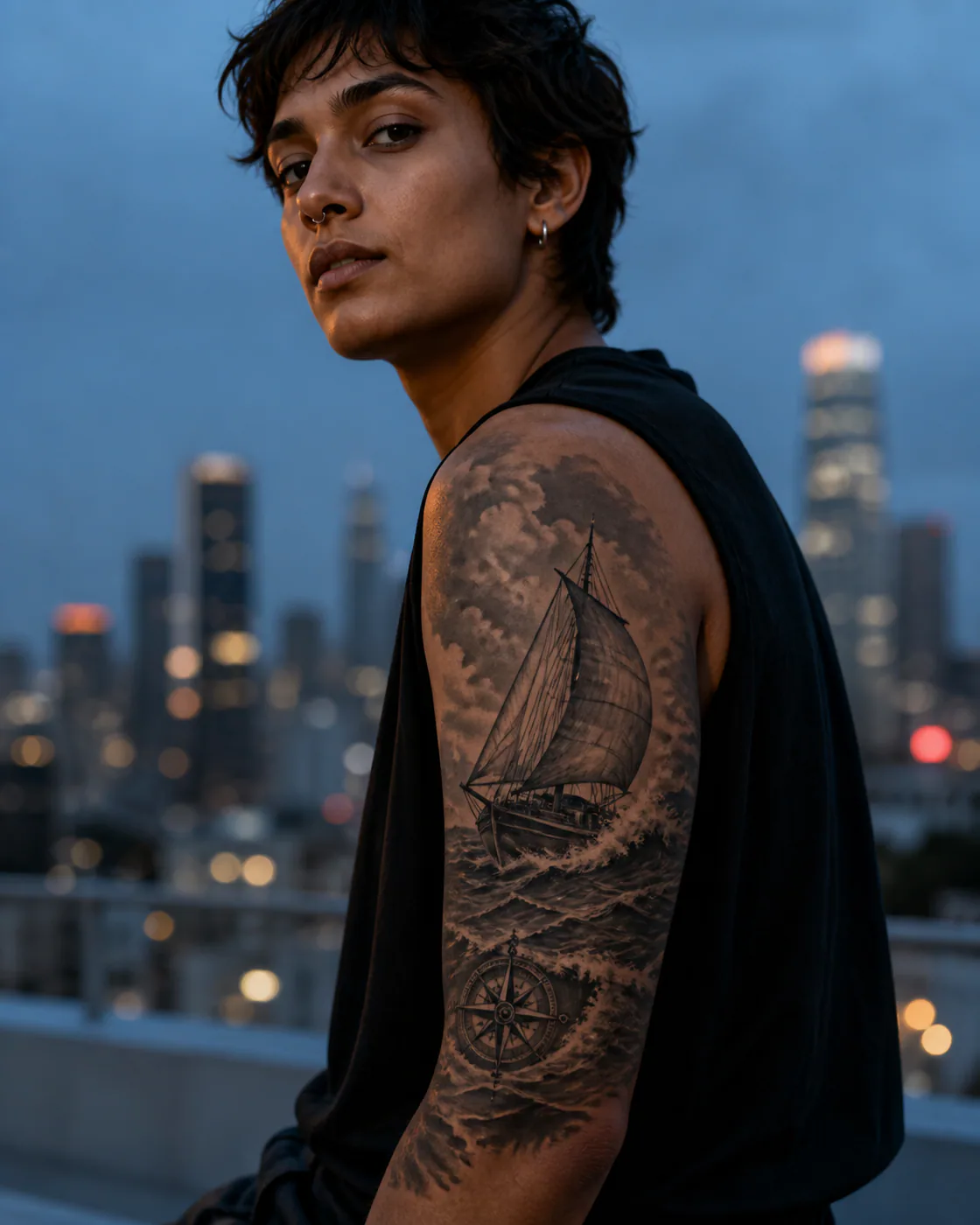Black and Gray tattoo of a small sailing vessel leaning into rising wind on the half sleeve