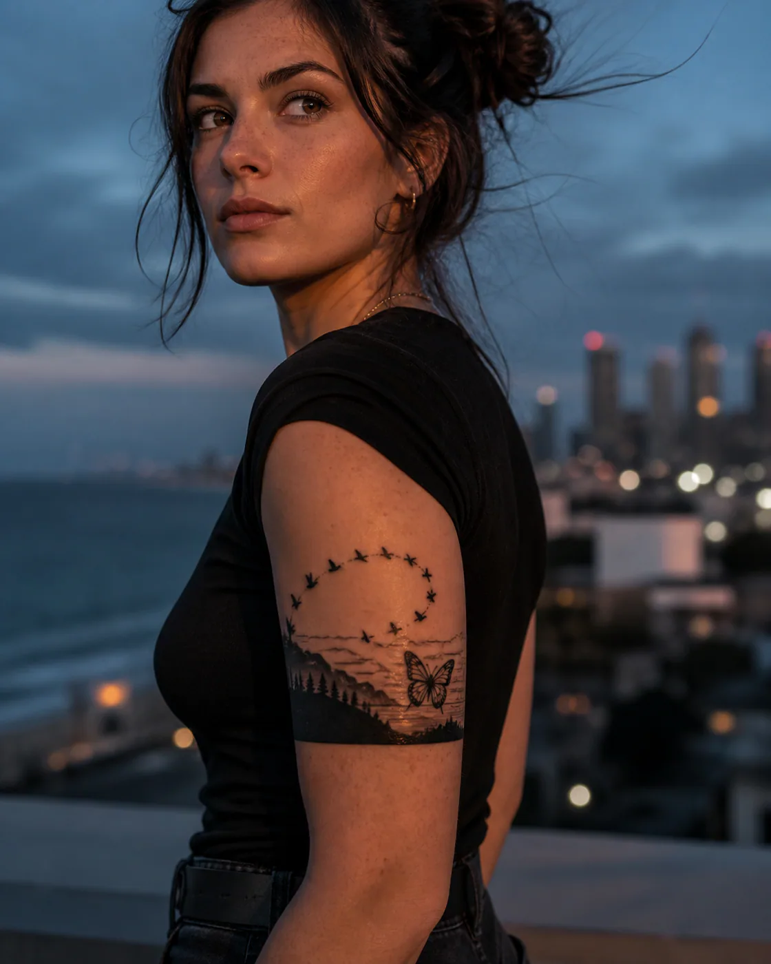 Blackwork tattoo of a migratory bird path looping above layered coastlines with an integrated butterfly on the armband