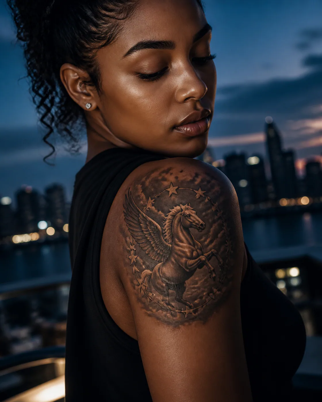 Realism tattoo of a winged horse rising through a ring of stars on the shoulder cap