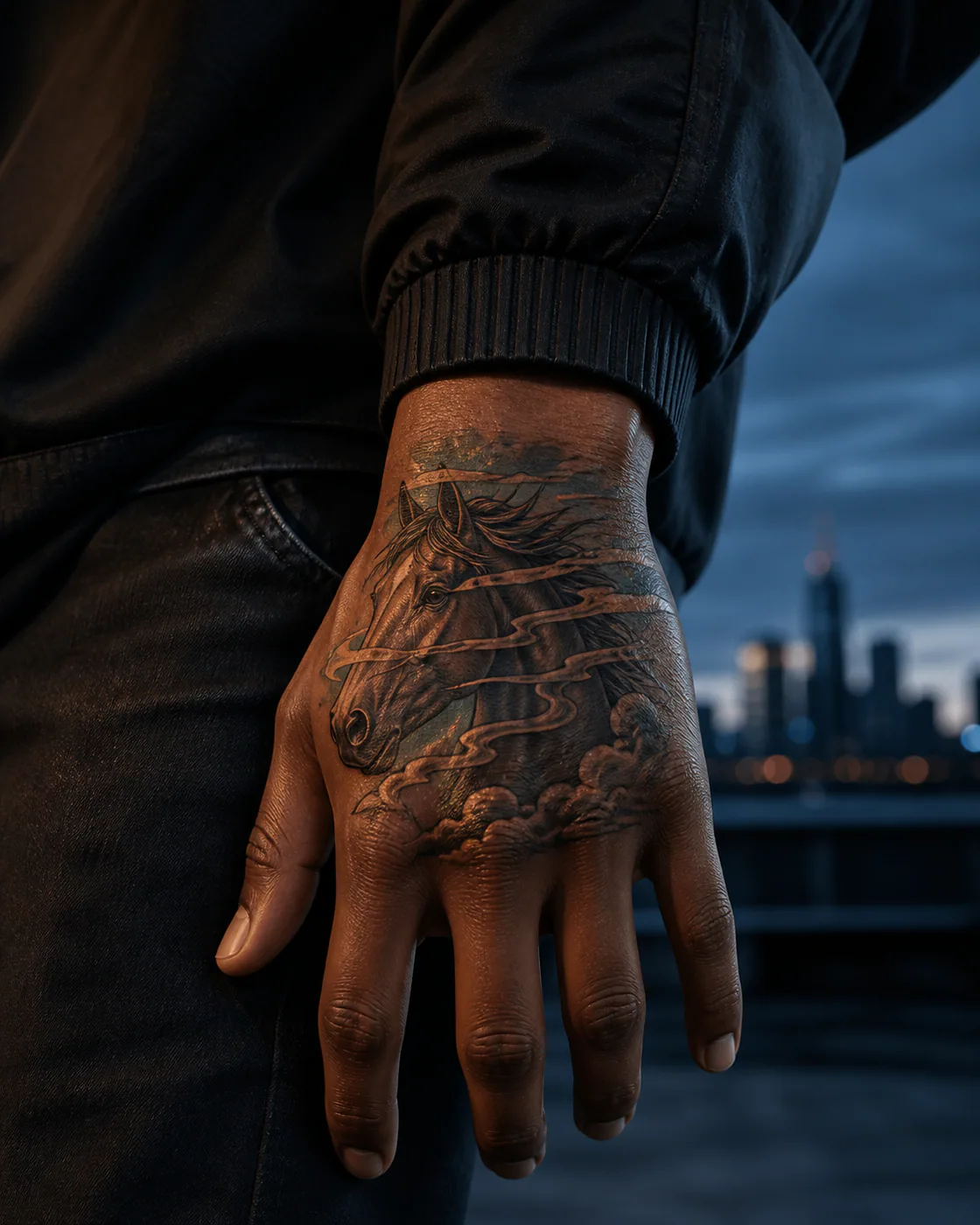 Neo-Traditional tattoo of a running horse profile cut by ribbons of dust on the back of hand