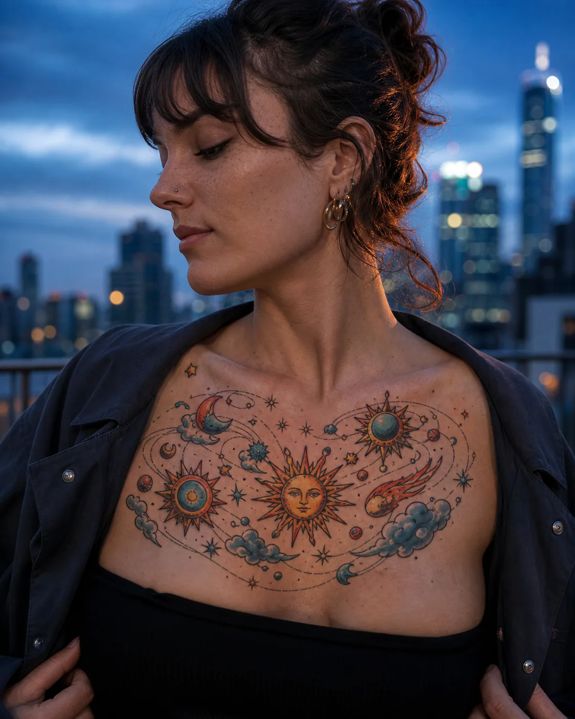 New School tattoo of miniature suns, clouds, comets, and orbit marks on the chest