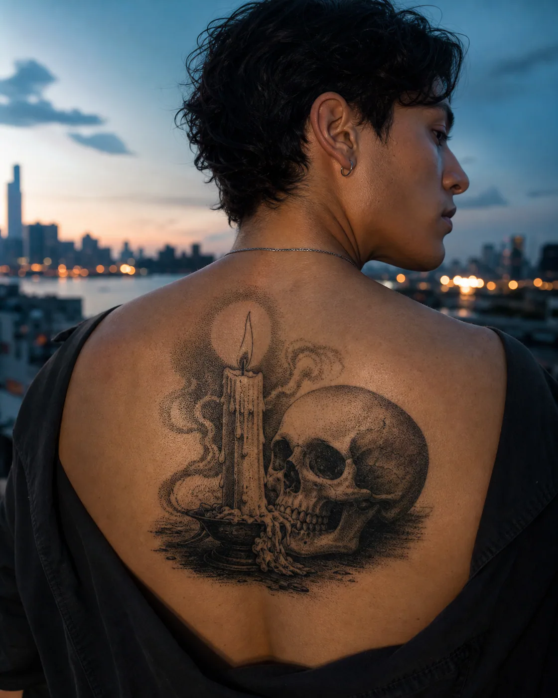 Dotwork tattoo of a tall candle melting beside a polished skull on the upper back