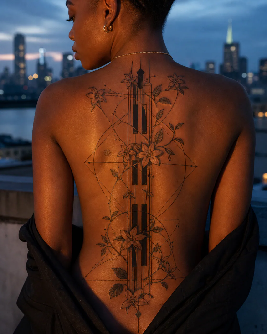 Geometric tattoo of piano keys interrupted by climbing jasmine on the full back