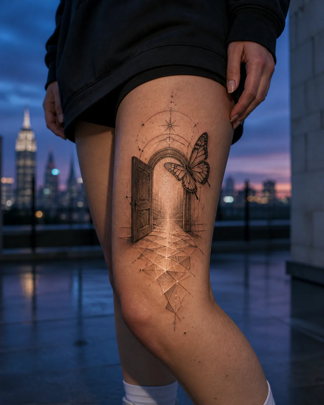 Illustrative tattoo of an open doorway casting a path of geometric light with an integrated butterfly on the outer thigh