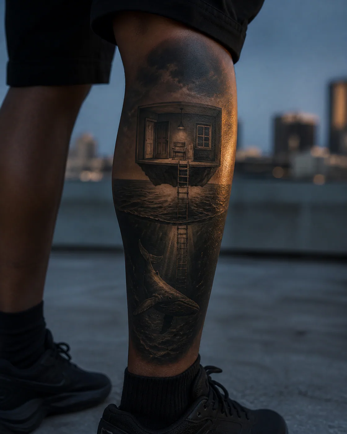 Surrealism tattoo of a quiet room floating above a deep ocean on the calf