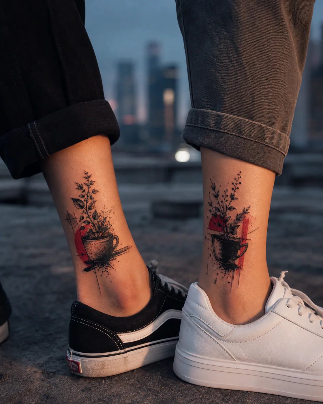 Trash Polka tattoo of a ceramic espresso cup releasing botanical steam as a complementary couple tattoo pair on the ankle
