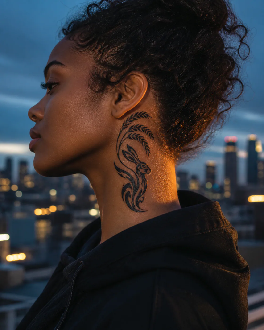 Tribal tattoo of a desert hare beneath arching seed heads on the side of neck
