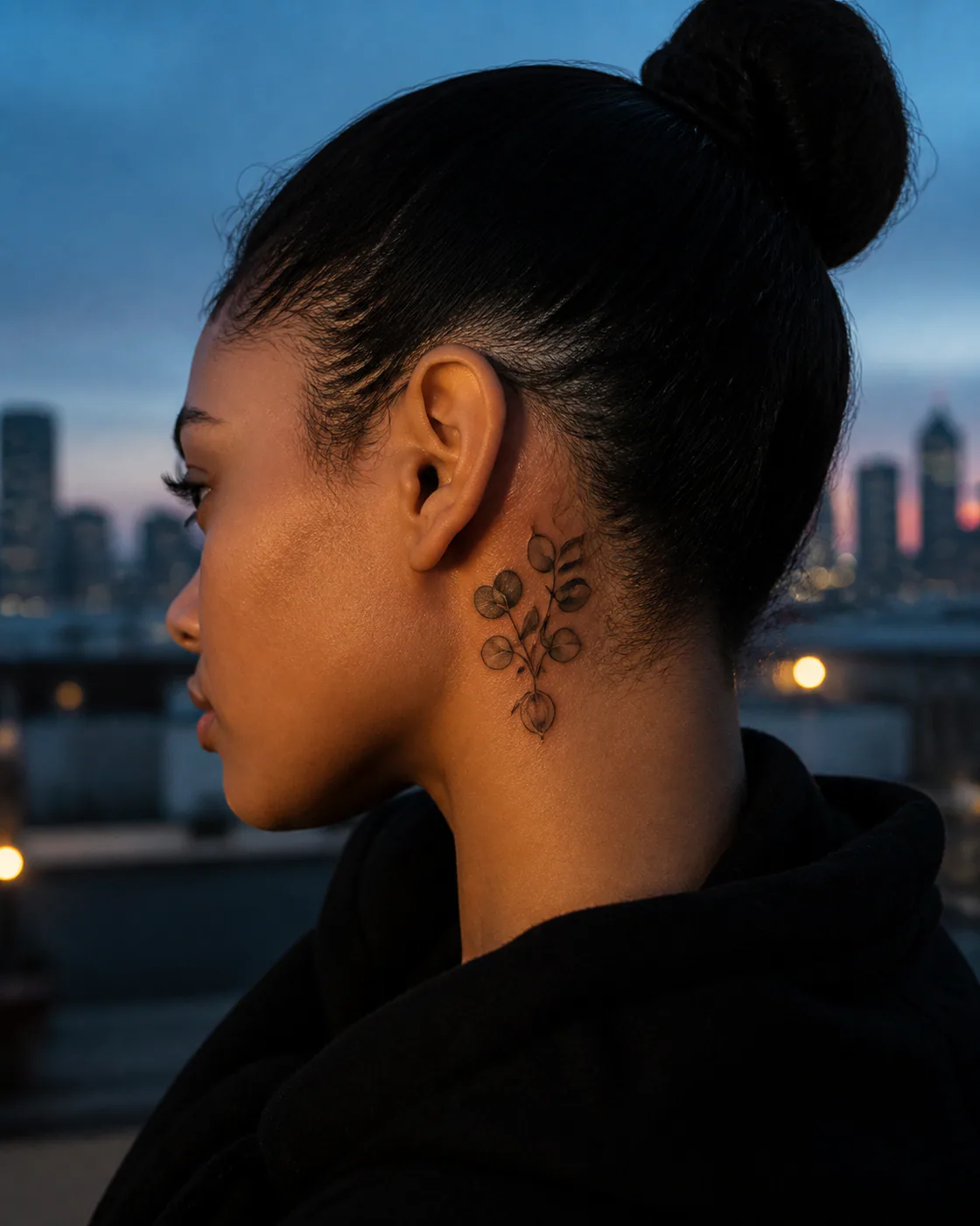 Floral tattoo of eucalyptus leaves descending around a pale seed capsule with a three-part family motif on the behind the ear