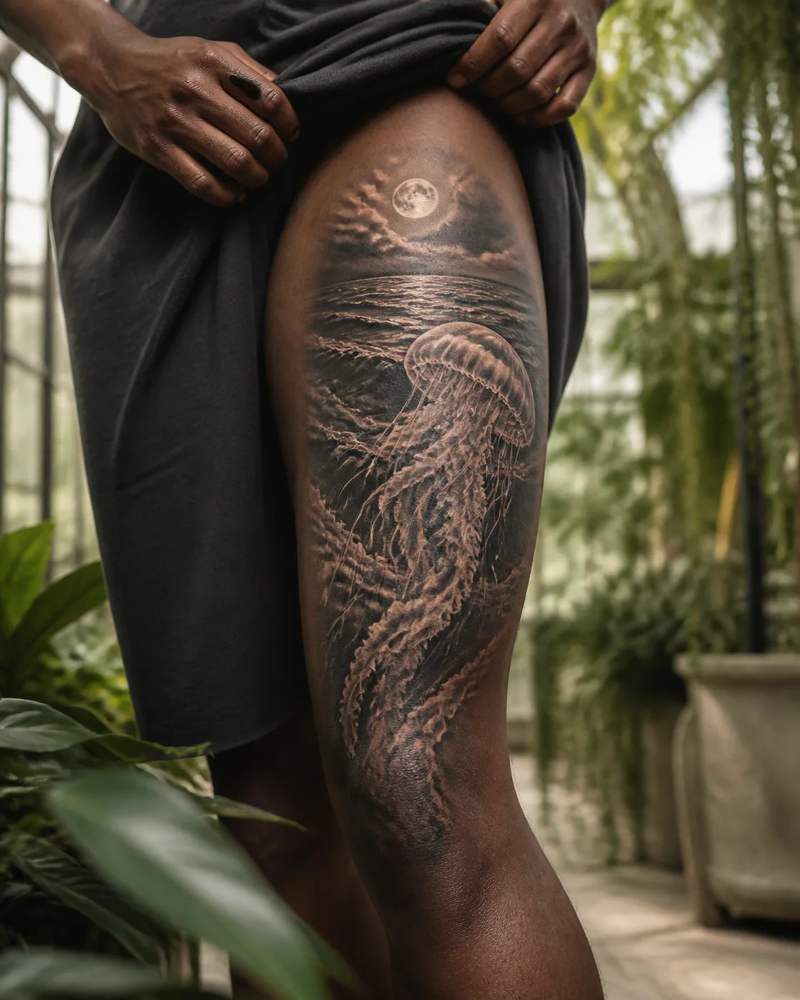 Black and Gray tattoo of a translucent jellyfish trailing through a moonlit tide on the outer thigh