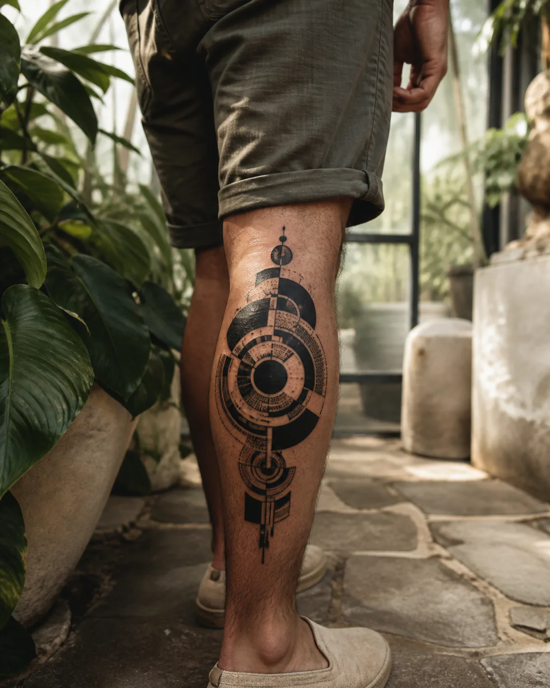 Blackwork tattoo of a drum rhythm translated into offset geometric rings executed as a healed cover-up on the calf