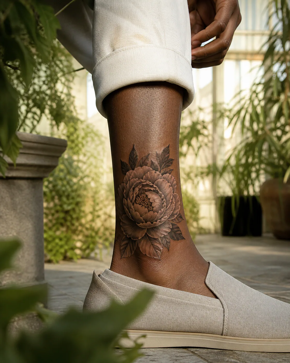 Realism tattoo of layered peonies opening around one tight bud on the ankle