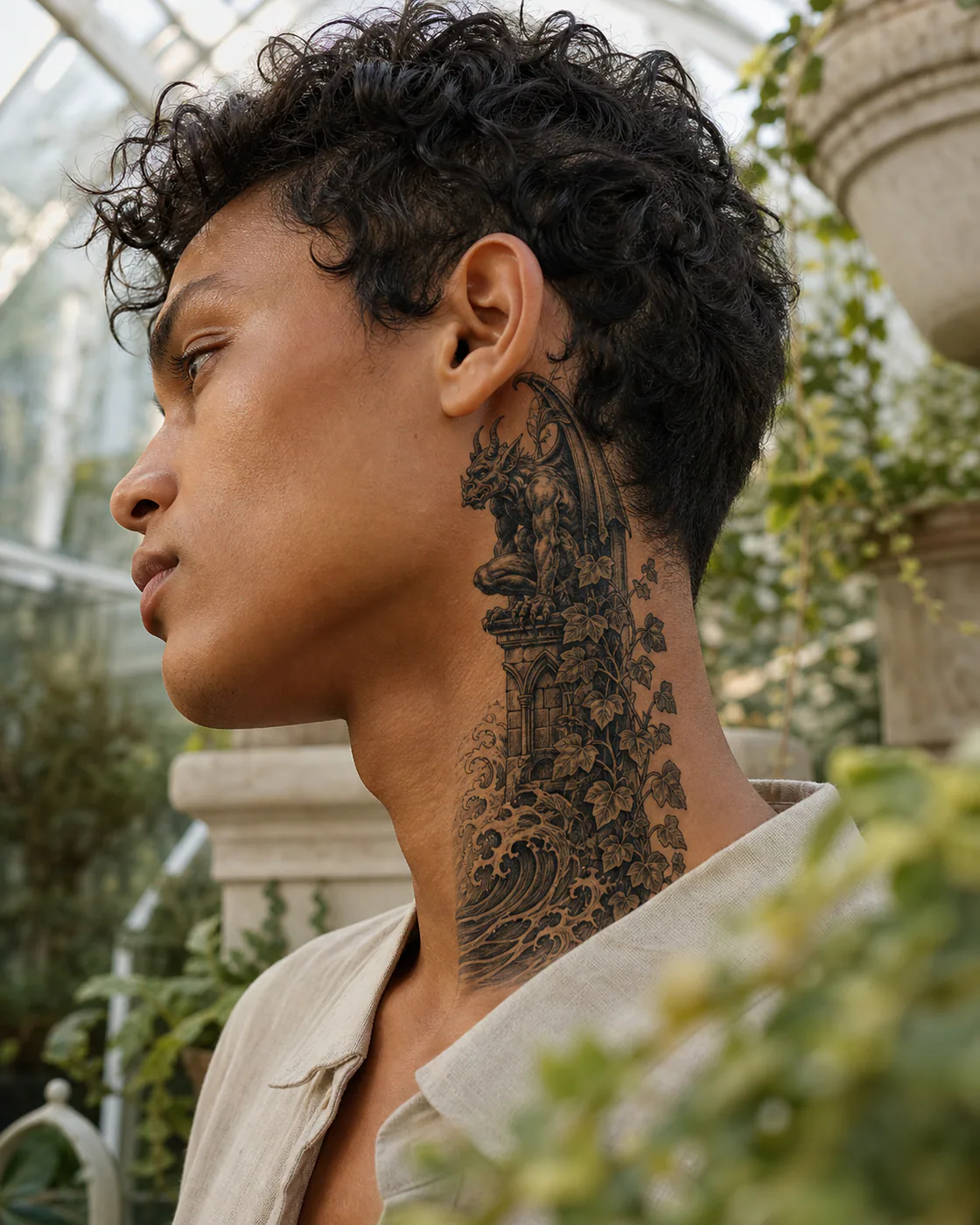 Japanese tattoo of an ivy-covered gargoyle watching from a ledge on the side of neck