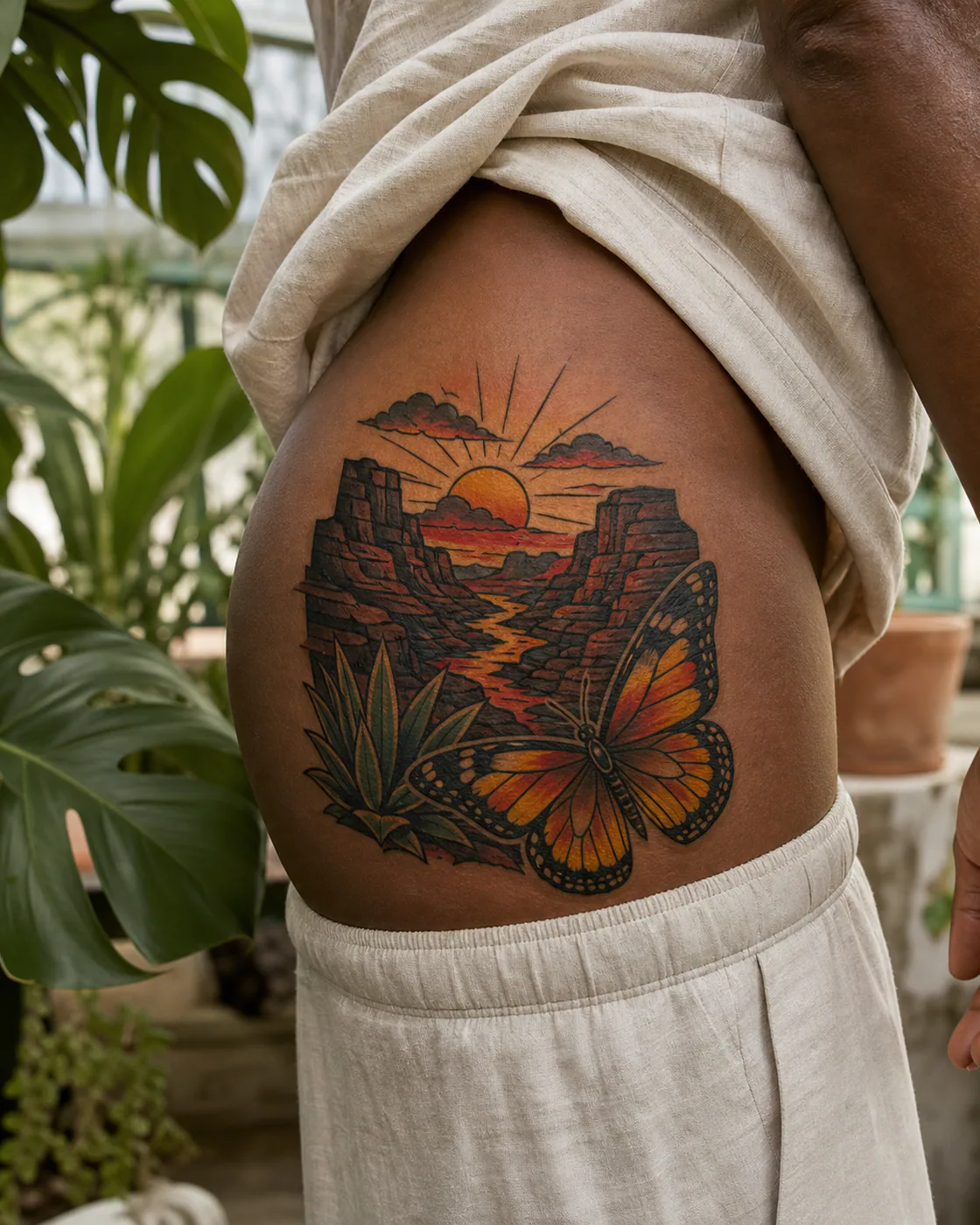 American Traditional tattoo of a desert canyon holding the last light of sunset with an integrated butterfly on the hip